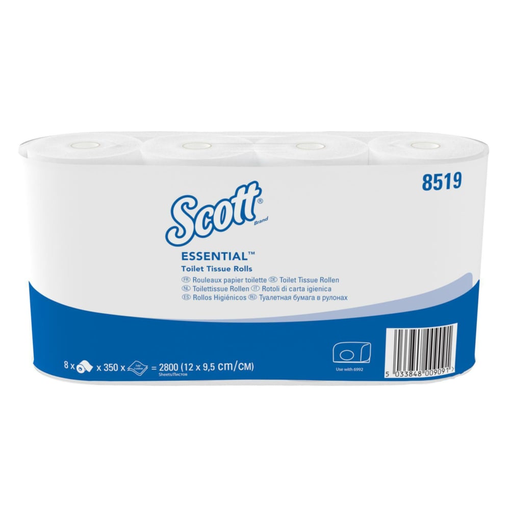 Scott® Essential™ Toilettenpapier von Kimberly-Clark GmbH: 8 Packungen mit je 8 kleinen Rollen à 350 Blatt, insgesamt 64 Rollen (22.400 Blatt) pro Karton - für zuverlässige Hygiene im Alltag.