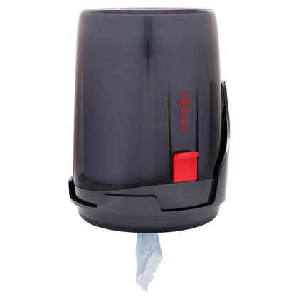 Il distributore WypAll® Reach™ Centrefeed di Kimberly-Clark GmbH è un dispositivo da parete nero con frontale trasparente e leva rossa, che distribuisce gli asciugamani blu dal basso - ideale per l'uso professionale.