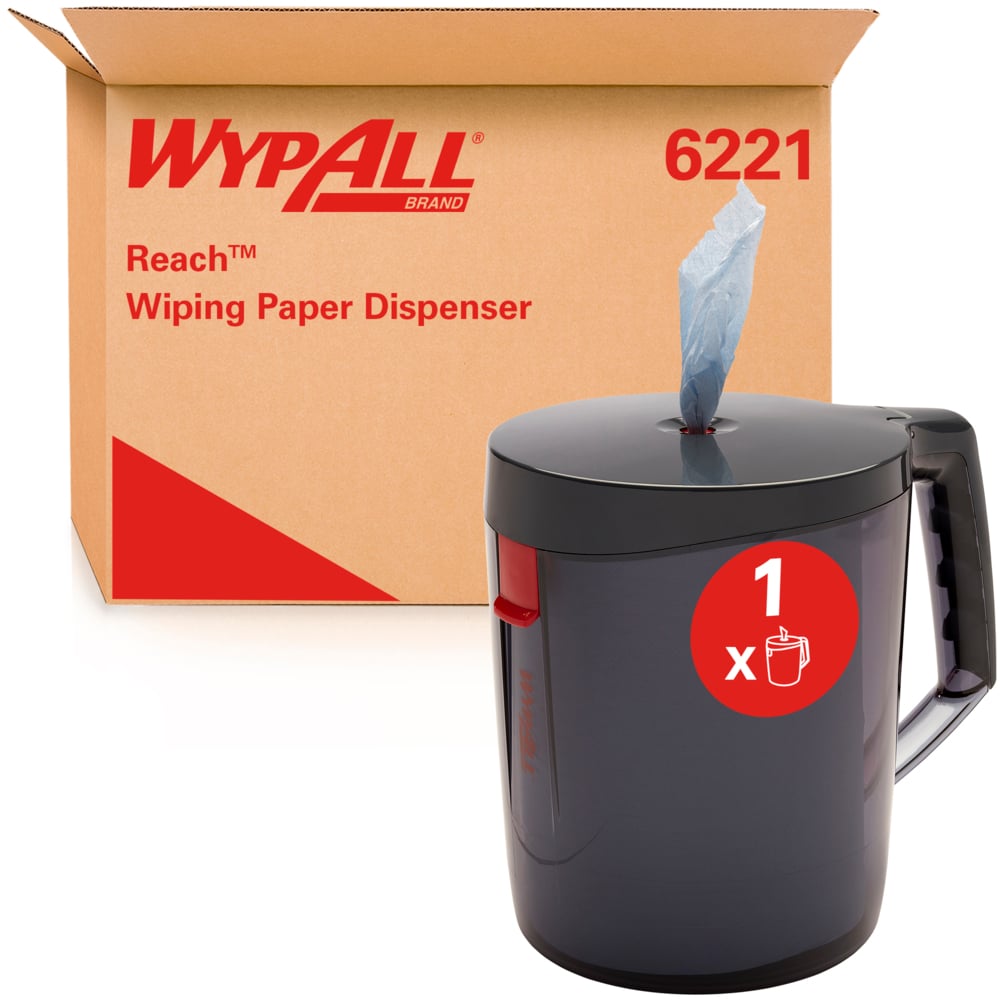 Un distributore WypAll® Reach™ Centrefeed - Nero di Kimberly-Clark GmbH con maniglia e un panno eccezionale si trova davanti a una scatola con la scritta "6221", ideale per l'uso professionale.