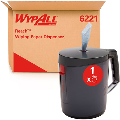 Un distributore WypAll® Reach™ Centrefeed - Nero di Kimberly-Clark GmbH con maniglia e un panno eccezionale si trova davanti a una scatola con la scritta "6221", ideale per l'uso professionale.