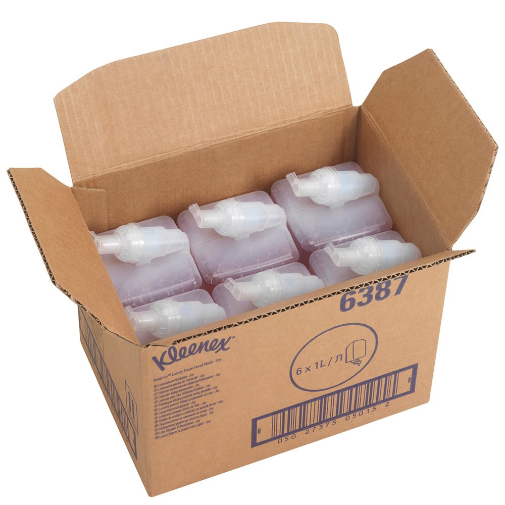 Una scatola aperta con la scritta "Kleenex® Botanics™ Luxury Foam Hand Wash" della Kimberly-Clark GmbH contiene sei cassette di ricarica rosse da 1 litro (cartucce). La scatola mostra un codice a barre e il numero di prodotto 6387.