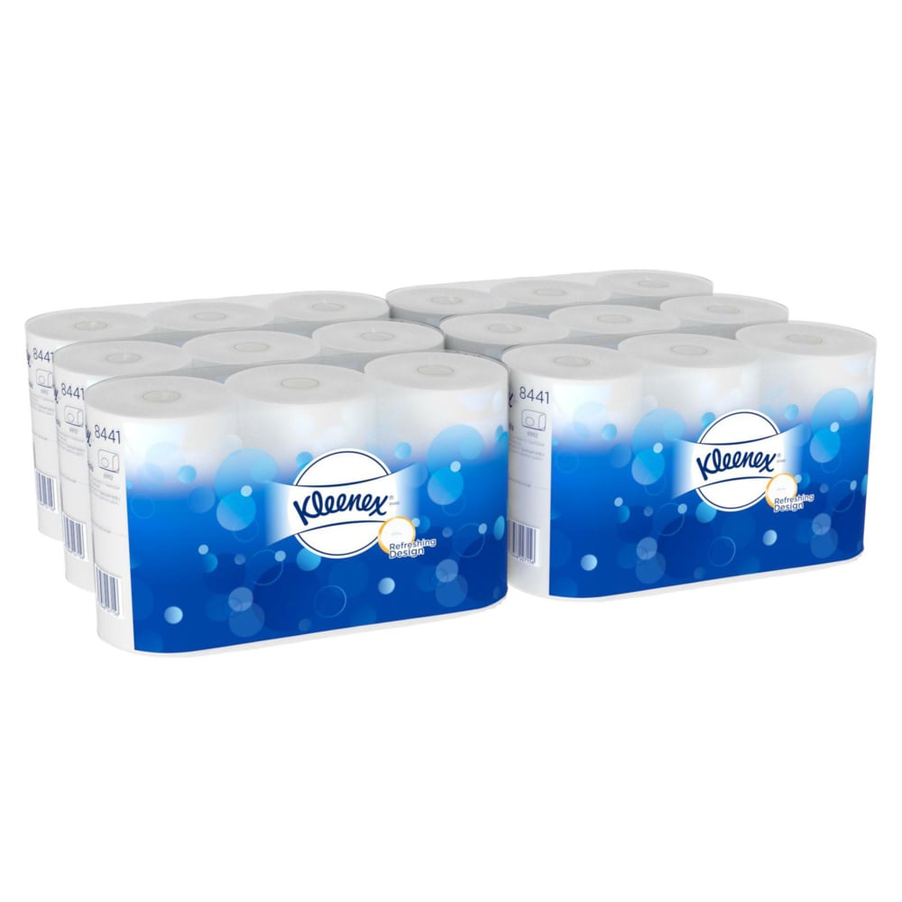 La carta igienica Kleenex® di Kimberly-Clark GmbH contiene 6 confezioni da 6 rotoli bianchi ciascuna (600 fogli per rotolo), per un totale di 36 rotoli per scatola. La confezione blu mostra il logo Kleenex e motivi di bolle d'aria bianche.