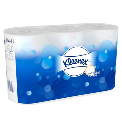 Carta igienica Kleenex® Standard in bianco, 6 pacchi x 6 rotoli piccoli con 600 fogli ciascuno per scatola di Kimberly-Clark GmbH. Carta igienica morbida e rinfrescante nel design bianco con bolle blu e logo Kleenex.