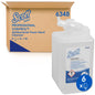 L'immagine mostra una cartuccia da 1L di sapone schiumoso antibatterico Scott® di Kimberly-Clark GmbH davanti a una scatola con la scritta "6 x 1L = 6L". Un simbolo blu evidenzia la confezione da 6 - perfetta per i bagni.