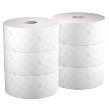 Sei rotoli bianchi di carta igienica Scott® Control™ con estrazione centrale (314 m, 1280 fogli ciascuno) della Kimberly-Clark GmbH sono impilati in due colonne di tre e mostrano un motivo a rombi discreto su sfondo bianco uniforme.