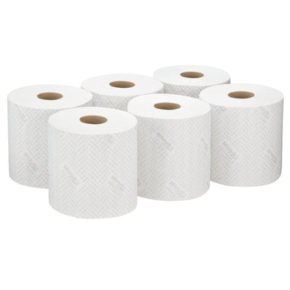 Sechs WypAll® L10 Papierwischtuch-Rollen von Kimberly-Clark GmbH, jede weiß mit 630 Blatt, sind sauber angeordnet - ideal für Lebensmittel und Hygiene. Zentrumsgeführte Ausführung. Wird als 6 Rollen pro Karton geliefert.