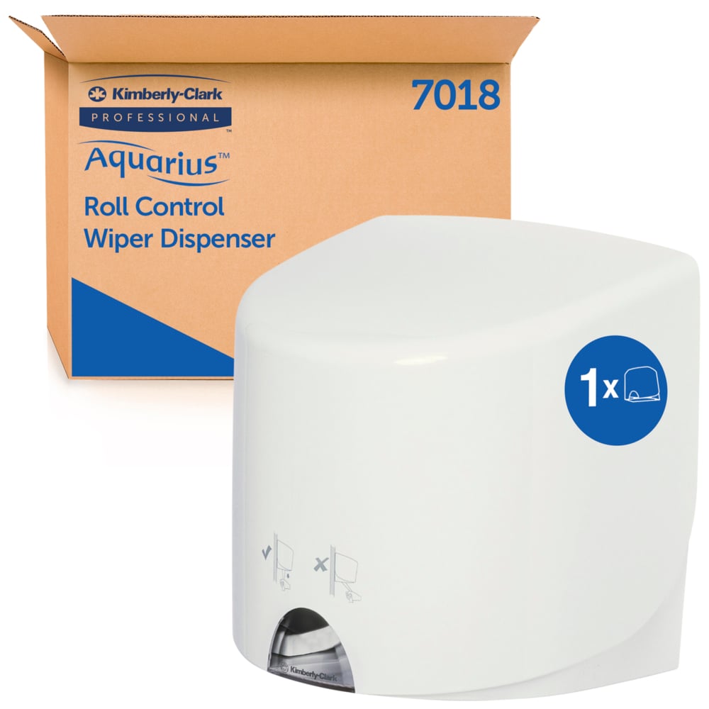 Il distributore di salviette Aquarius™ bianco - Roll Control di Kimberly-Clark GmbH (1 distributore) è posizionato davanti alla sua confezione marrone-blu con la scritta "7018" ed è ideale per la pulizia igienica.