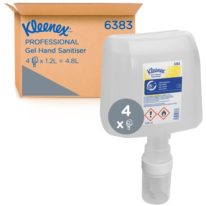 Una scatola con la scritta "Kleenex® Extra Gel Igienizzante Mani" della Kimberly-Clark GmbH contiene 4 cartucce elettroniche trasparenti da 1,2 litri per l'igiene delle mani; ogni cartuccia contiene informazioni sull'etichetta per l'uso e la sicurezza.