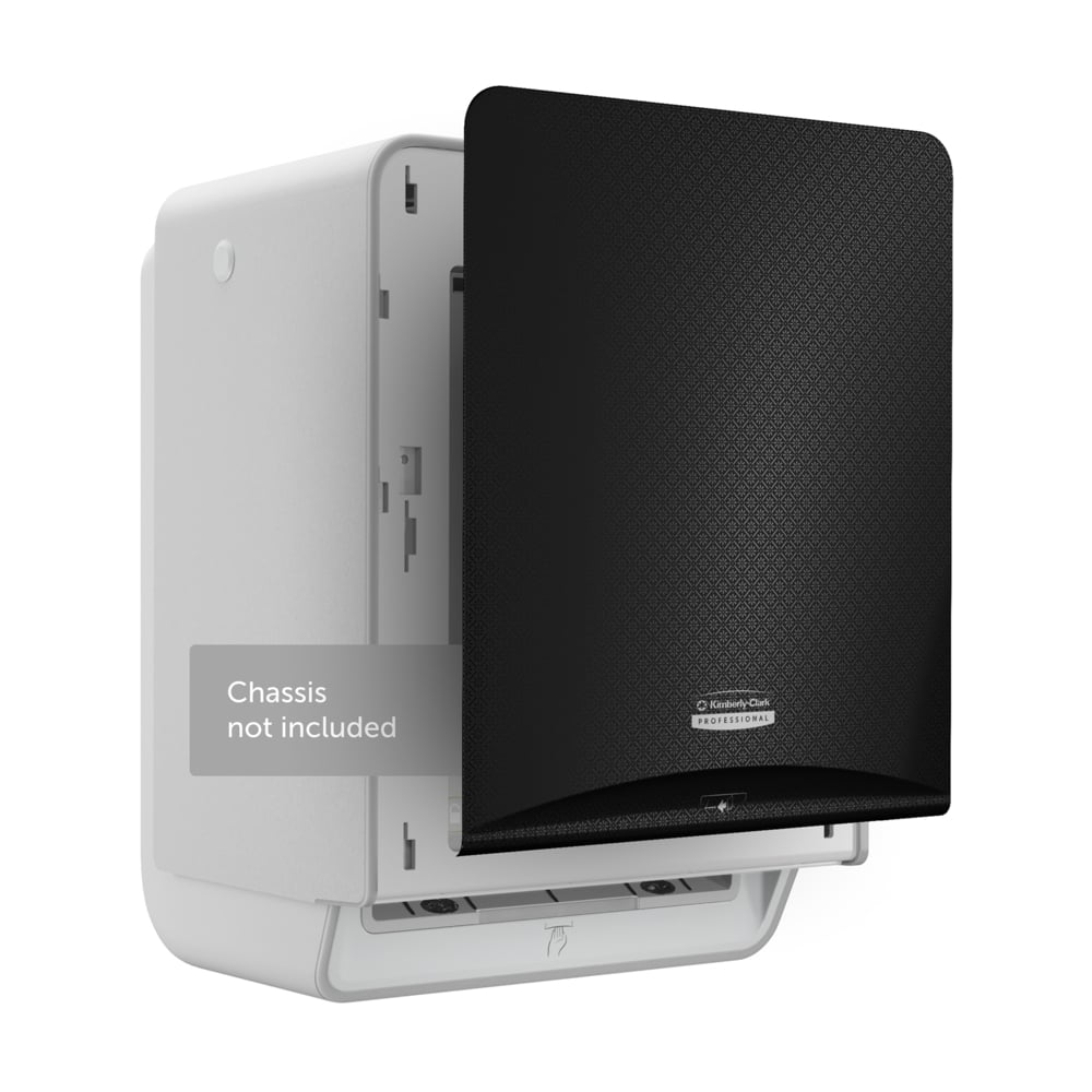 Ein Kimberly-Clark Professional™ Icon™ Dispenser Faceplate - eHRT (33,02 x 37,47 x 3,18 cm) der Kimberly-Clark GmbH ist teilweise geöffnet auf einem weißen Sockel mit der Aufschrift "Chassis nicht im Lieferumfang enthalten" abgebildet und zeigt ein dezentes, strukturiertes Muster auf weißem Hintergrund.
