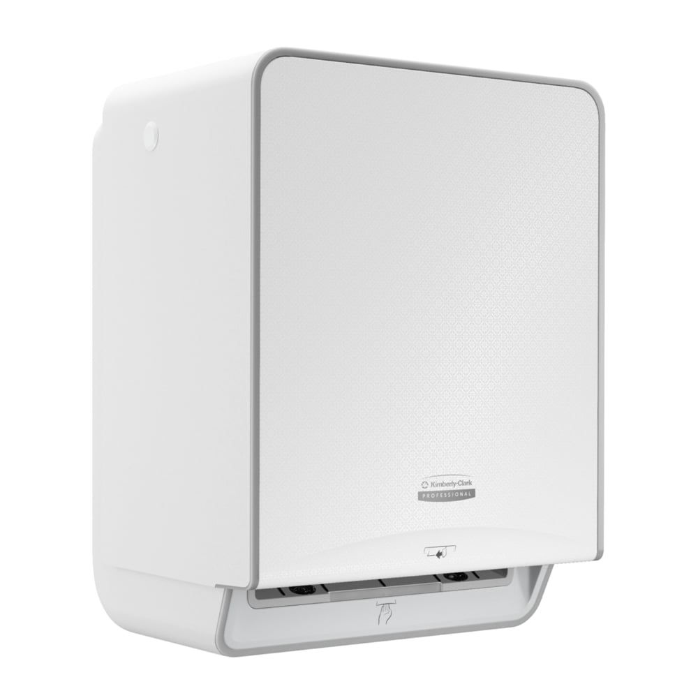 Il distributore elettronico di asciugamani Kimberly-Clark Professional™ Icon™, di colore bianco, presenta una forma rettangolare con bordi arrotondati, un design a parete, un logo sulla parte anteriore e un’apertura nella parte inferiore per asciugarsi le mani in modo igienico e senza contatto.