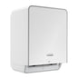 Il distributore elettronico di asciugamani Kimberly-Clark Professional™ Icon™, di colore bianco, presenta una forma rettangolare con bordi arrotondati, un design a parete, un logo sulla parte anteriore e un’apertura nella parte inferiore per asciugarsi le mani in modo igienico e senza contatto.