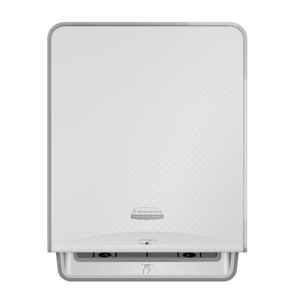 Il distributore elettronico di asciugamani in rotolo Kimberly-Clark Professional™ Icon™, in bianco, prodotto da Kimberly-Clark GmbH, si contraddistingue per il funzionamento senza contatto, il design discreto e una fessura contrassegnata dal simbolo di una mano, che garantisce un'asciugatura igienica delle mani.