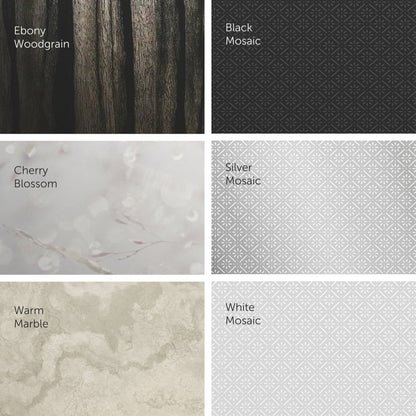Sono raffigurati sei modelli di finitura per il distributore elettronico di asciugamani in rotolo Kimberly-Clark Professional™ Icon™ (bianco): Ebony Woodgrain, Black Mosaic, Cherry Blossom, Silver Mosaic, Warm Marble e White Mosaic. Ciascun modello è contrassegnato da una didascalia.