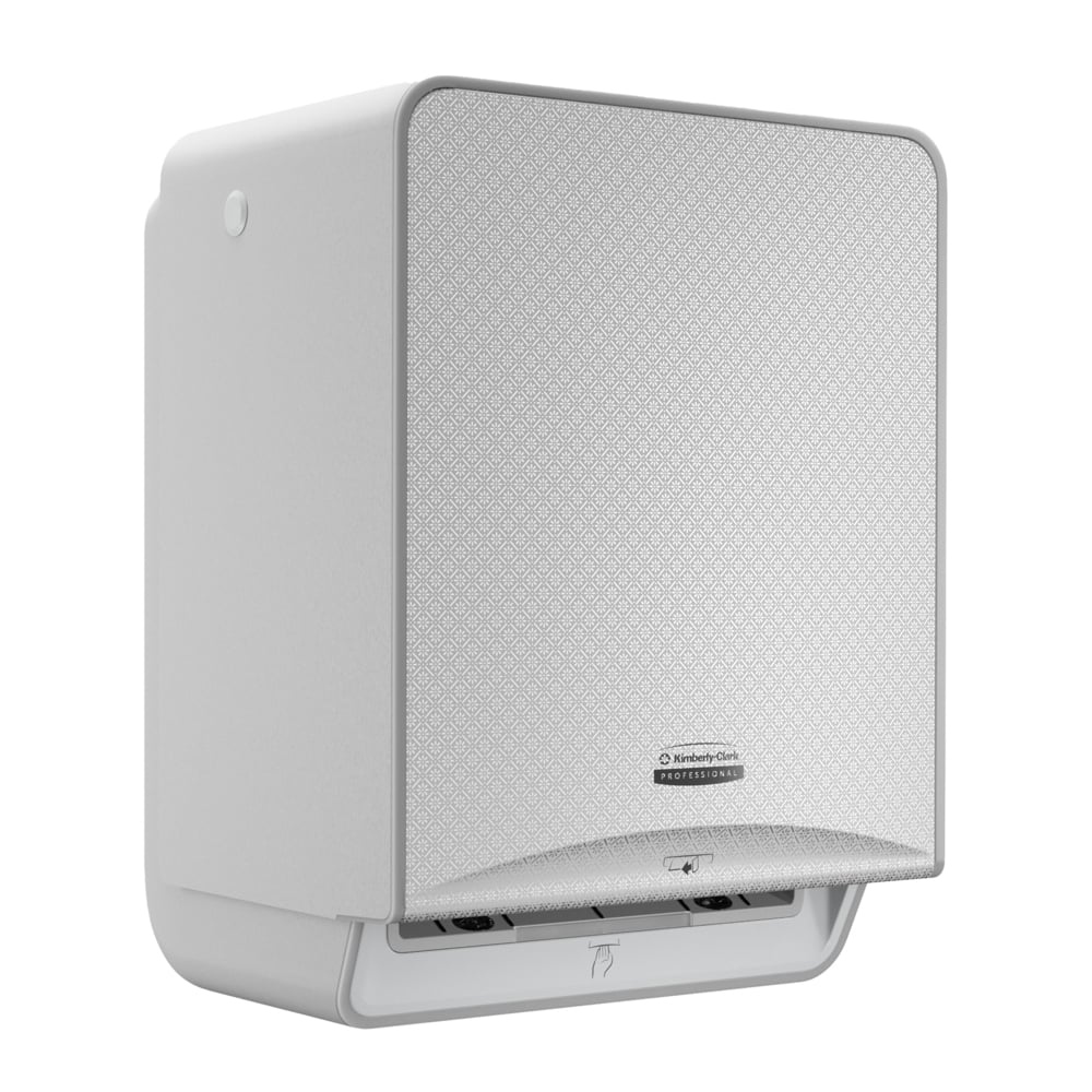 Il Kimberly-Clark Professional™ Icon™ Modulo Elettronico No Touch - Rotolo / Silver Mosaic di Kimberly-Clark GmbH è un distributore di asciugamani a parete senza contatto con una parte frontale a mosaico argentato strutturato e un'apertura inferiore per l'erogazione degli asciugamani.