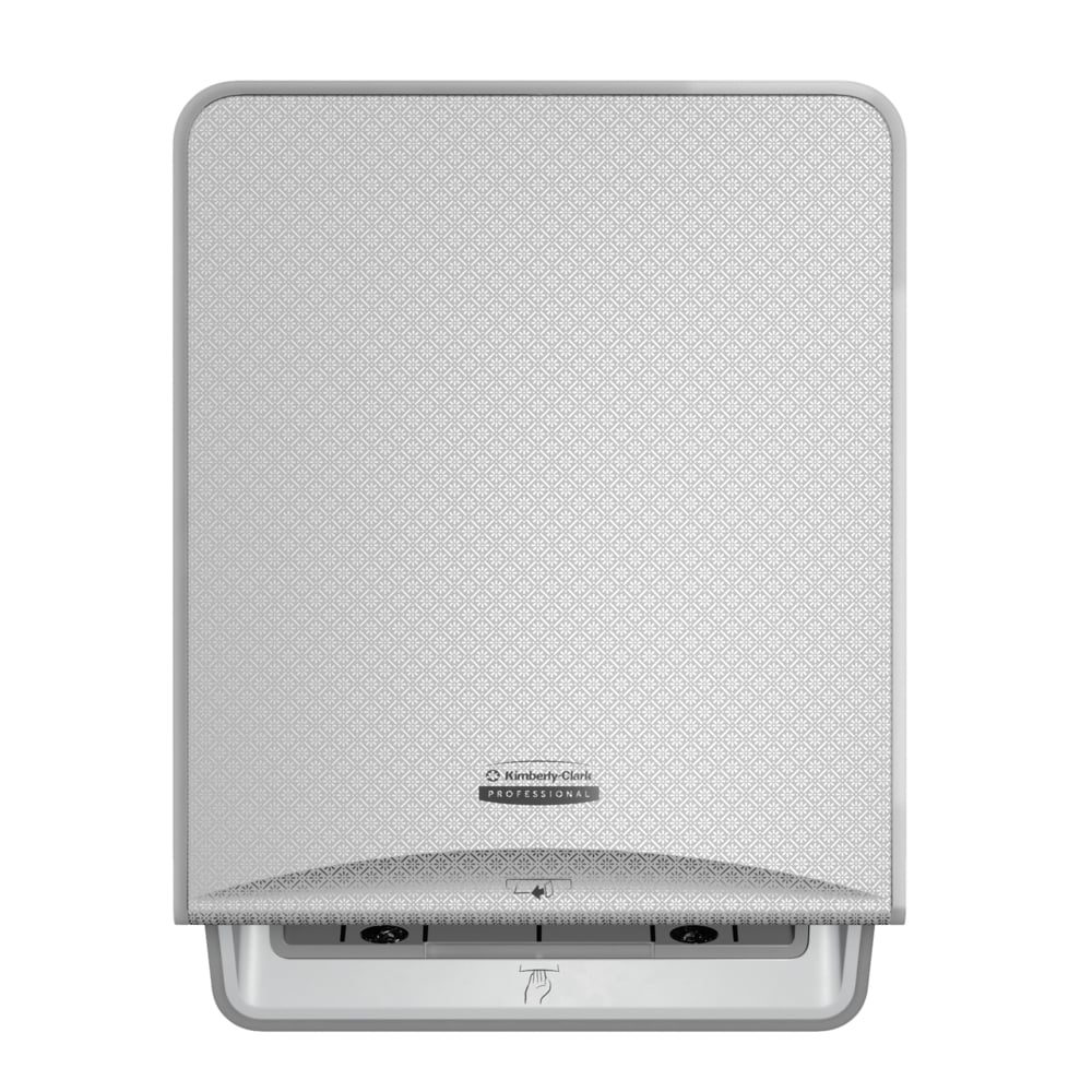 Un mosaico argentato, modulo elettronico No Touch a parete Kimberly-Clark Professional™ Icon™ di Kimberly-Clark GmbH con una placca frontale decorata, logo centrale e una fessura nella parte inferiore per l'erogazione senza contatto degli asciugamani.