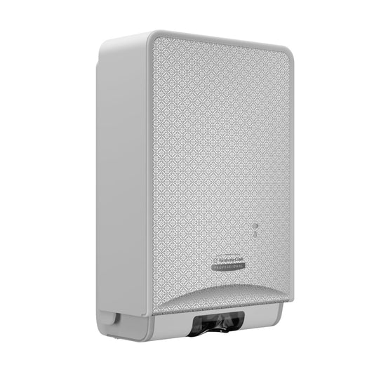 Der Kimberly-Clark Professional™ Icon™ Elektronischer Hautpflegespender, berührungslose Abgabe (Silver Mosaic, 1,2 l), bietet eine hygienische Lösung als kontaktloser Spender für öffentliche Bereiche. Marke: Kimberly-Clark GmbH.