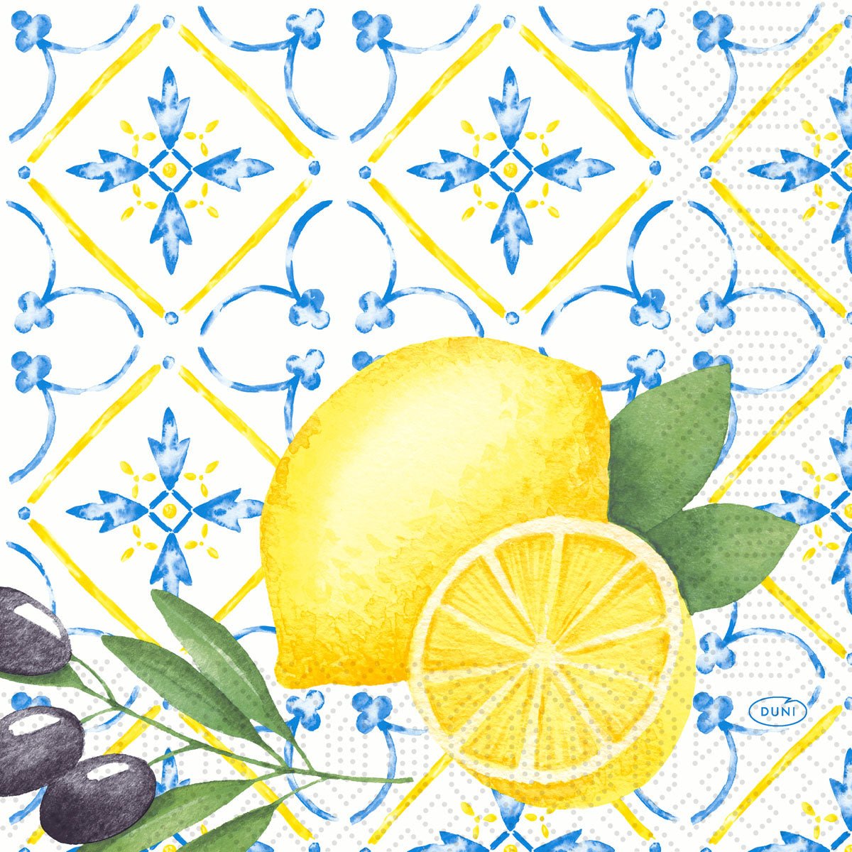 Un acquerello di limoni, foglie e olive nere su uno sfondo piastrellato - ideale per tovaglioli di carta Duni GmbH 33x33 cm, 3 strati, Mediterraneo (confezione da 250 tovaglioli) nel design mediterraneo.