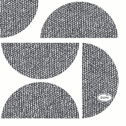 Quattro forme strutturate in bianco e nero - un quarto di cerchio, due semicerchi e un semicerchio verticale con la scritta "DUNI" - si trovano su uno sfondo semplice e riflettono lo stile elegante dei tovaglioli Dunisoft da 20 x 20 cm della Duni GmbH.