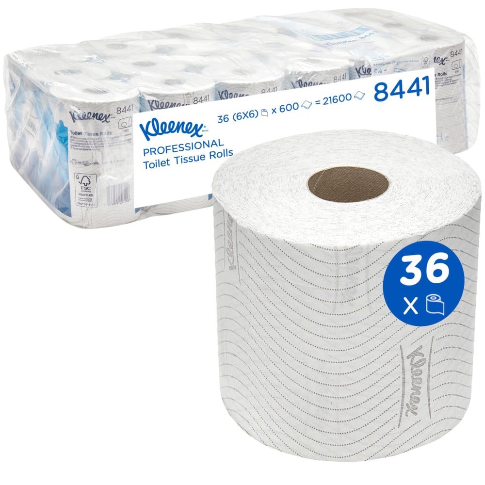Una confezione grande di carta igienica Kleenex® di Kimberly-Clark GmbH: 6 confezioni da 6 rotoli piccoli ciascuna (600 fogli per rotolo), raffigurata davanti a una scatola. Sulla confezione sono visibili informazioni sul prodotto e il numero "36" in un cerchio blu.