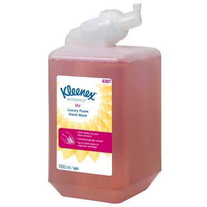 Una cassetta da 1L di Kleenex® Botanics™ Luxury Foam Hand Wash (rossa, testata dermatologicamente) della Kimberly-Clark GmbH, adatta per dispenser; la confezione contiene 6 cartucce.