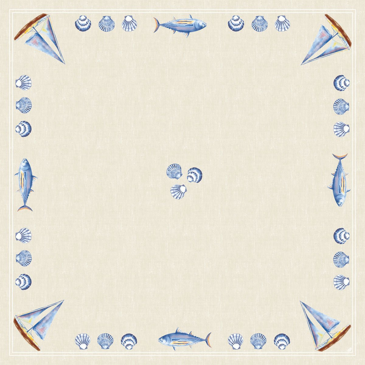La tovaglia Dunicel 84x84 cm di Duni GmbH ha un bordo quadrato beige con barche a vela, pesci e conchiglie. Ideale come decorazione da tavola di alta qualità in Tide, con tre conchiglie e un grande spazio libero al centro. Confezione: 20 pezzi.