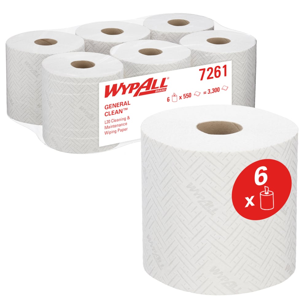 Raffigurati ci sono sei rotoli bianchi di carta assorbente WypAll® L20, a 2 strati, con estrazione centrale (6 rotoli x 550 fogli) della Kimberly-Clark GmbH, con marchio chiaro ed etichetta rossa per evidenziare la confezione per la pulizia industriale.