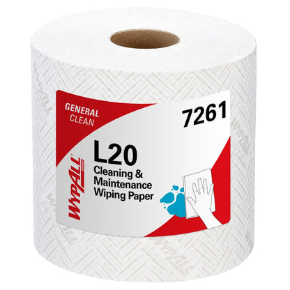 Un rotolo di carta assorbente WypAll® L20, a 2 strati, bianco, della Kimberly-Clark GmbH (6 x 550 fogli), ideale per l'estrazione centrale, mostra un'etichetta bianca con accenti rosso/blu e un'illustrazione di mano che pulisce.