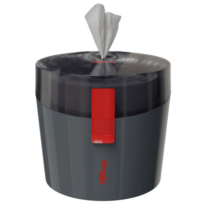 Un dispenser cilindrico WypAll® Reach Plus™ Centrefeed di colore grigio scuro della Kimberly-Clark GmbH con coperchio trasparente e chiusura rossa accoglie un rotolo di salviette monouso, che viene parzialmente tirato attraverso la fessura superiore.