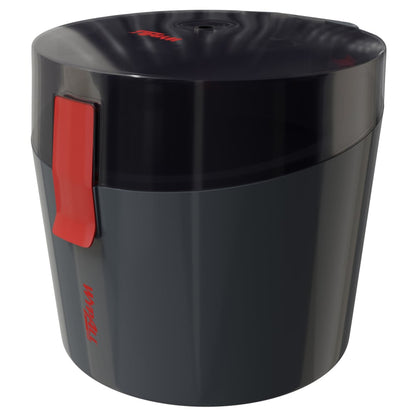 Dispenser cilindrico WypAll® Reach Plus™ Centrefeed di colore grigio scuro della Kimberly-Clark GmbH con coperchio nero lucido e chiusura laterale rossa. Il nome del modello è stampato in verticale vicino alla base in rosso.