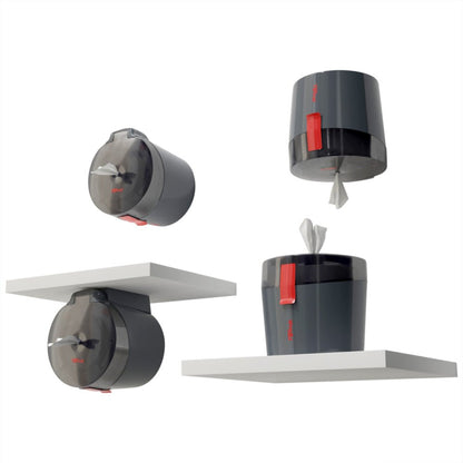 Quattro immagini mostrano un dispenser WypAll® Reach Plus™ Centrefeed di colore grigio scuro della Kimberly-Clark GmbH con una leva rossa, montato su o sotto scaffali bianchi. Un dispenser è aperto e le salviette sono visibili, l'altro è chiuso.