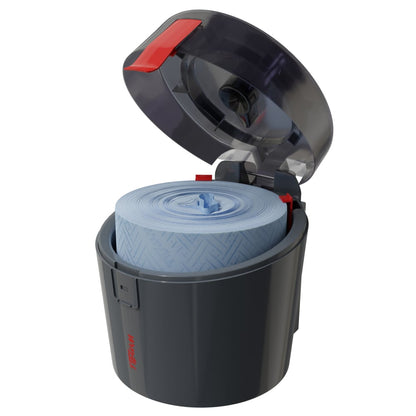 Un dispenser Kimberly-Clark WypAll® Reach Plus™ Centrefeed di colore grigio scuro con coperchio trasparente apribile, chiusura rossa ed etichetta "TORK" è aperto e mostra un foglio blu arrotolato all'interno.