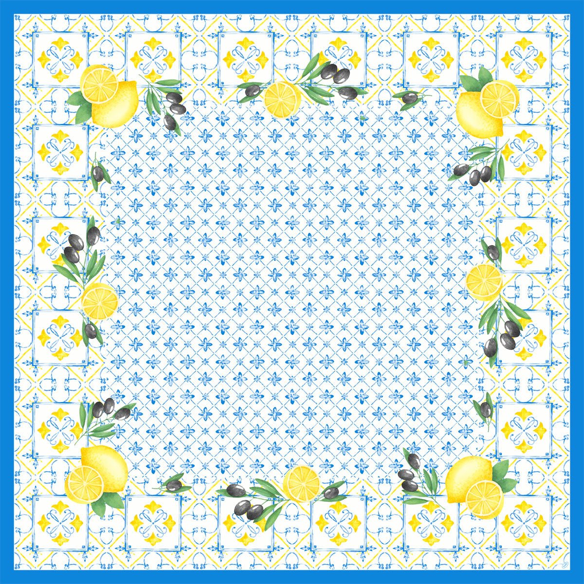 La tovaglia Dunicel 84x84 cm Mediterraneo di Duni GmbH presenta un design quadrato ispirato alle piastrelle con bordo blu, limoni, olive e foglie verdi in ogni angolo e un motivo floreale blu al centro. Perfetta per una decorazione da tavola elegante. Confezione (20 pezzi).
