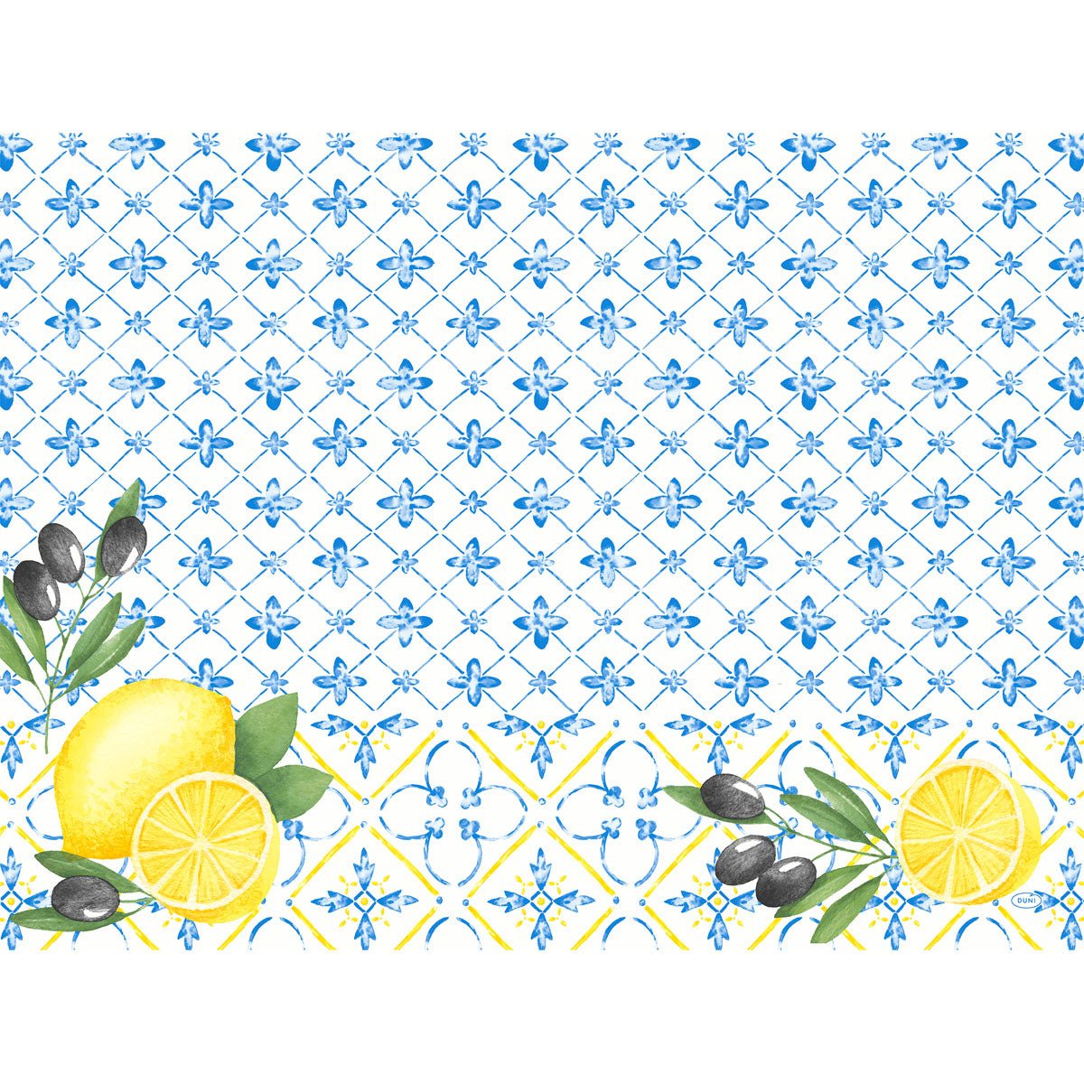 Duni GmbH Tovagliette di carta 30x40 cm: Sfondo bianco con motivo a piastrelle blu, olive nere illustrate, rami e fette di limone. Design mediterraneo con accenti gialli, ideale per una decorazione da tavola elegante (250 pezzi).