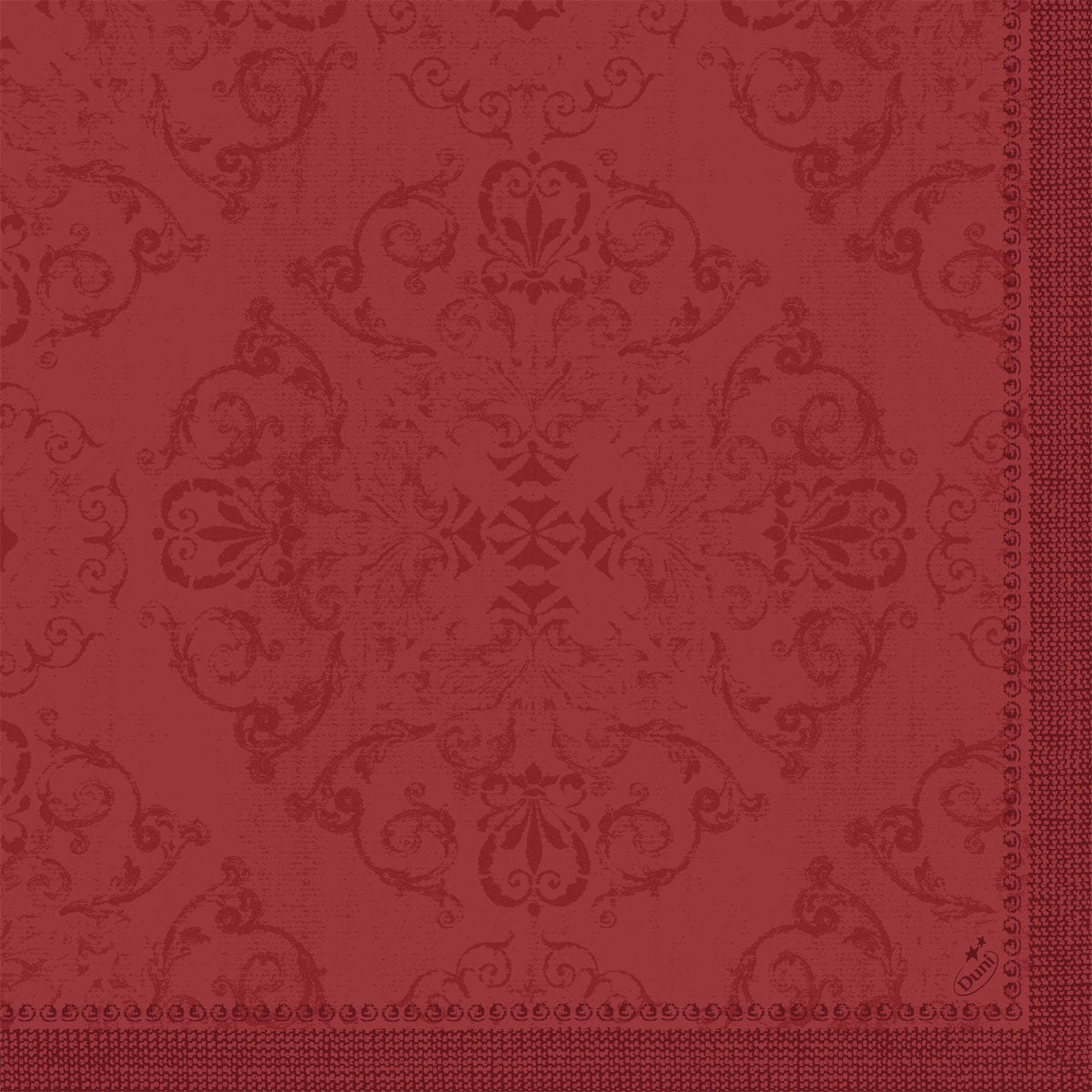 I tovaglioli Dunilin 40 x 40 cm 1/4 piega della Duni GmbH si distinguono per un motivo floreale e di chiocciole rosso, ornato e simmetrico con effetto strutturato e una bordatura decorativa sul bordo destro e inferiore - perfetti per una tavola apparecchiata.