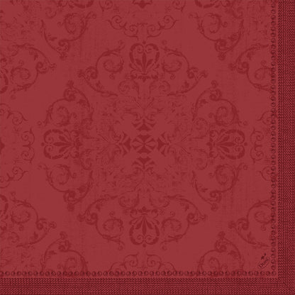 I tovaglioli Dunilin 40 x 40 cm 1/4 piega della Duni GmbH si distinguono per un motivo floreale e di chiocciole rosso, ornato e simmetrico con effetto strutturato e una bordatura decorativa sul bordo destro e inferiore - perfetti per una tavola apparecchiata.