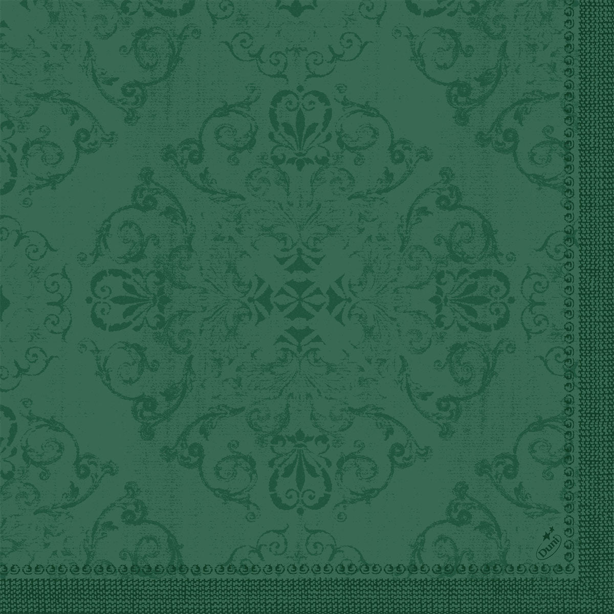 I tovaglioli Dunilin 40 x 40 cm 1/4 piega della Duni GmbH presentano un motivo floreale e di viticci verde ornato con una bordatura decorativa su due bordi e un aspetto leggermente sbiadito - perfetti per una tavola apparecchiata.