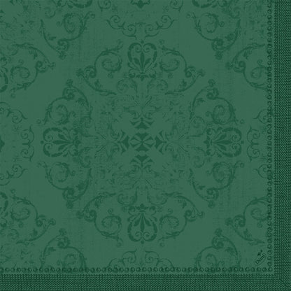 I tovaglioli Dunilin 40 x 40 cm 1/4 piega della Duni GmbH presentano un motivo floreale e di viticci verde ornato con una bordatura decorativa su due bordi e un aspetto leggermente sbiadito - perfetti per una tavola apparecchiata.