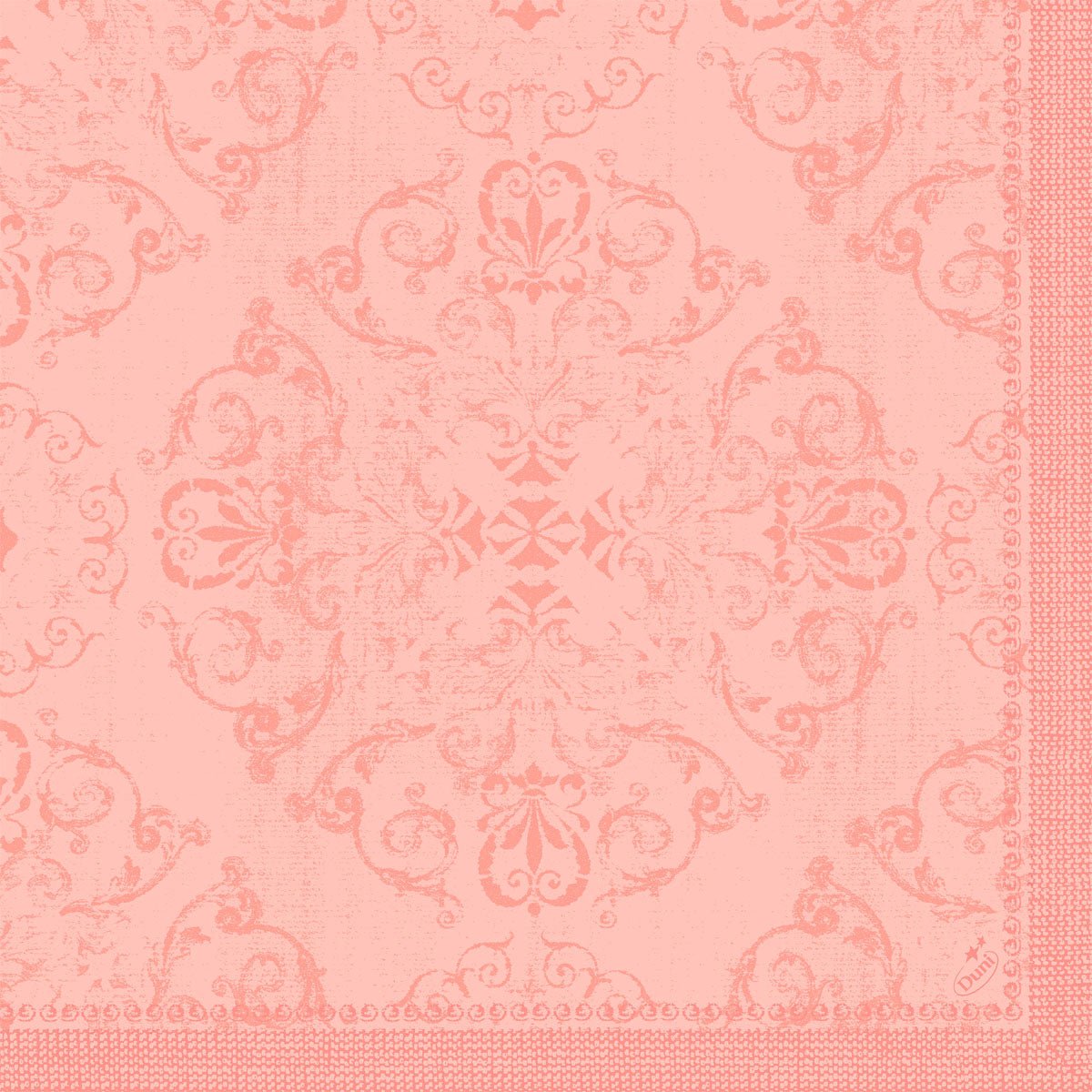 I tovaglioli Dunilin 40 x 40 cm 1/4 piega della Duni GmbH presentano un motivo damascato ornamentale rosa con motivi floreali e di viticci, incorniciato su due lati. La texture leggermente invecchiata gli conferisce eleganza ed è perfetta per tavole apparecchiate con stile.