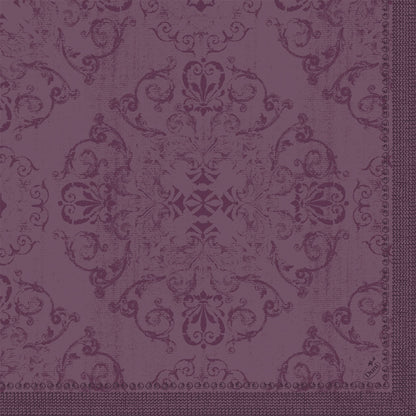 I tovaglioli Dunilin 40 x 40 cm 1/4 piega della Duni GmbH si distinguono per un motivo damascato viola ornato con motivi floreali e di viticci e una bordatura decorativa sul bordo destro e inferiore.