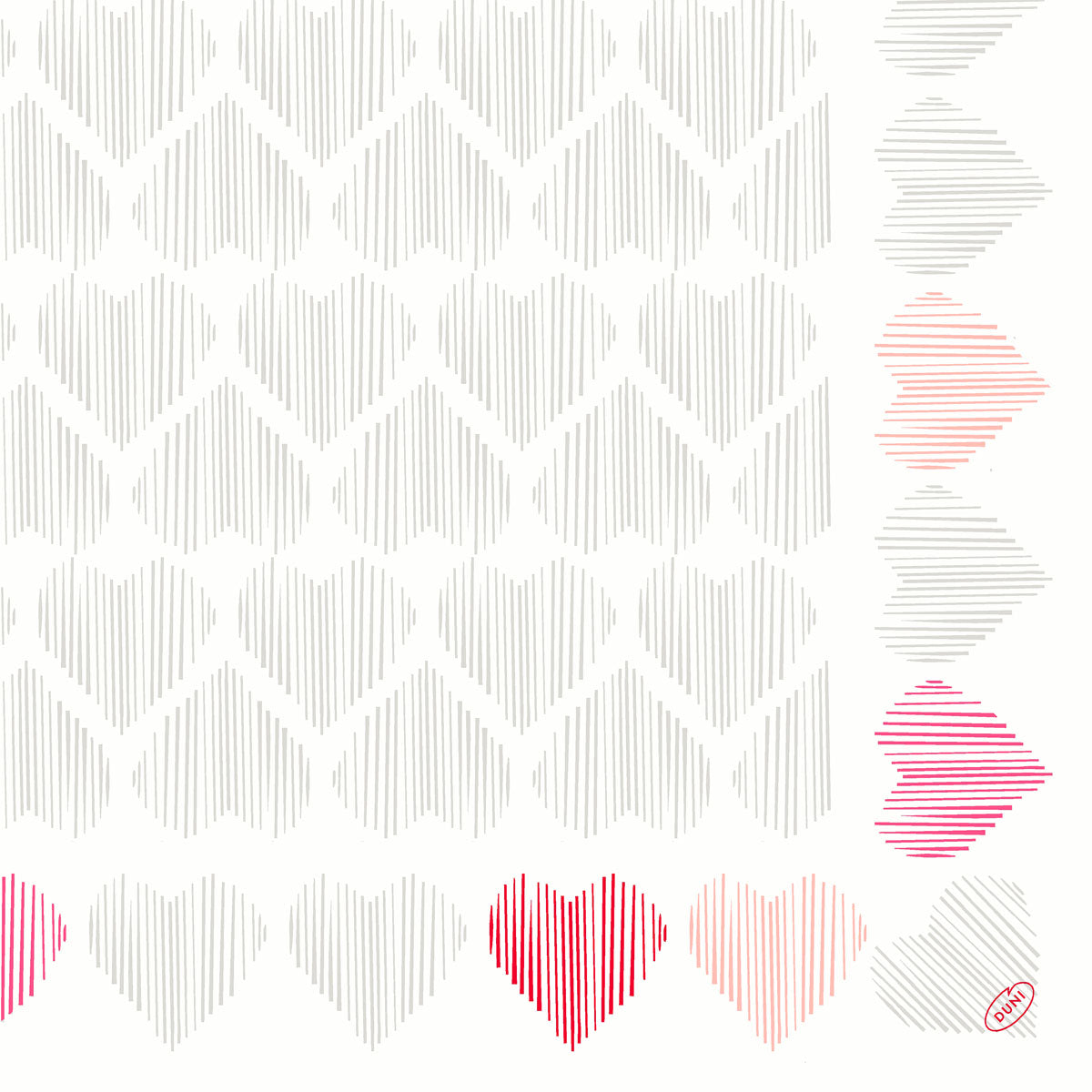 Ein Muster aus umrandeten Herzen in Grau füllt das Bild, mit roten und rosa Herzen am rechten und unteren Rand. Ideal für Dunisoft-Servietten 40 x 40 cm 1/4 Falz von Duni GmbH. Ein kleiner roter "GIANT."-Stempel befindet sich unten rechts.