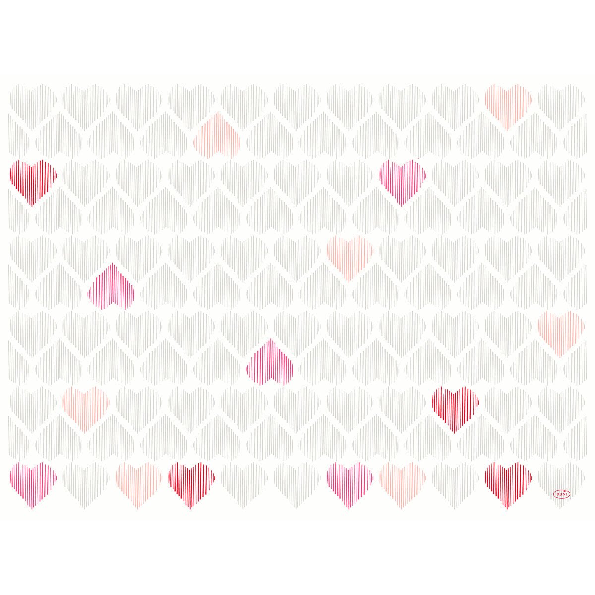 Una griglia di linee verticali a forma di cuore in grigio chiaro e cuori sparsi rosa, rossi e color pesca adorna i set Dunicel 30x40 cm Amour di Duni GmbH-set da tavola di alta qualità (confezione da 100 pezzi)-su uno sfondo bianco brillante.