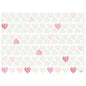 Una griglia di linee verticali a forma di cuore in grigio chiaro e cuori sparsi rosa, rossi e color pesca adorna i set Dunicel 30x40 cm Amour di Duni GmbH-set da tavola di alta qualità (confezione da 100 pezzi)-su uno sfondo bianco brillante.