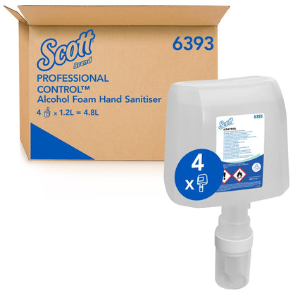 Una lattina marrone Kimberly-Clark con l'etichetta "Scott® CONTROL Schiuma disinfettante per le mani a base alcolica" e una confezione ricaricabile trasparente da 1,2 litri sulla parte anteriore, entrambe con il numero blu 4 e l'indicazione di disinfezione igienica delle mani.