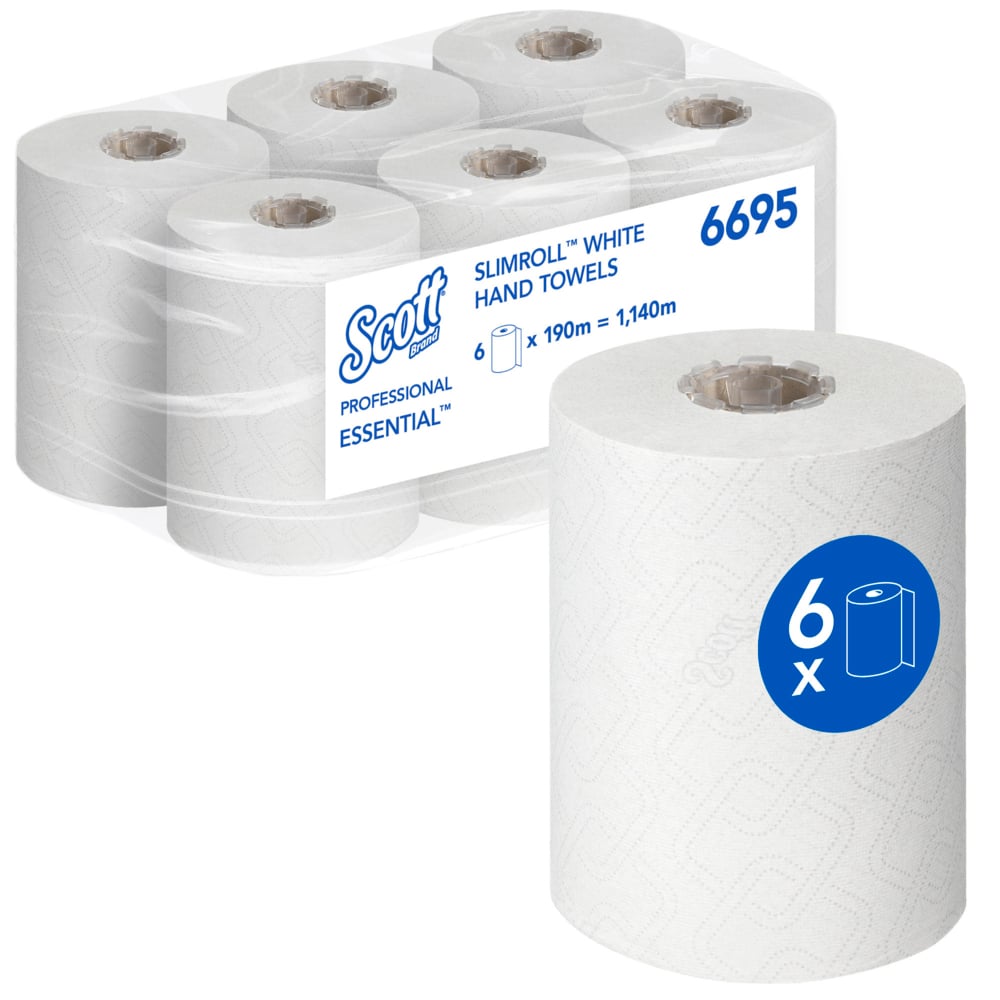 Eine Packung mit sechs Scott® Essential™ Slimroll™ Handtüchern (190 m x 19,8 cm) von Kimberly-Clark GmbH, angeordnet in zwei Dreierreihen mit Produktkennzeichnung und einem blauen "6x"-Rollensymbol, perfekt für umweltfreundliches Händetrocknen mit Qualitätspapierhandtüchern.