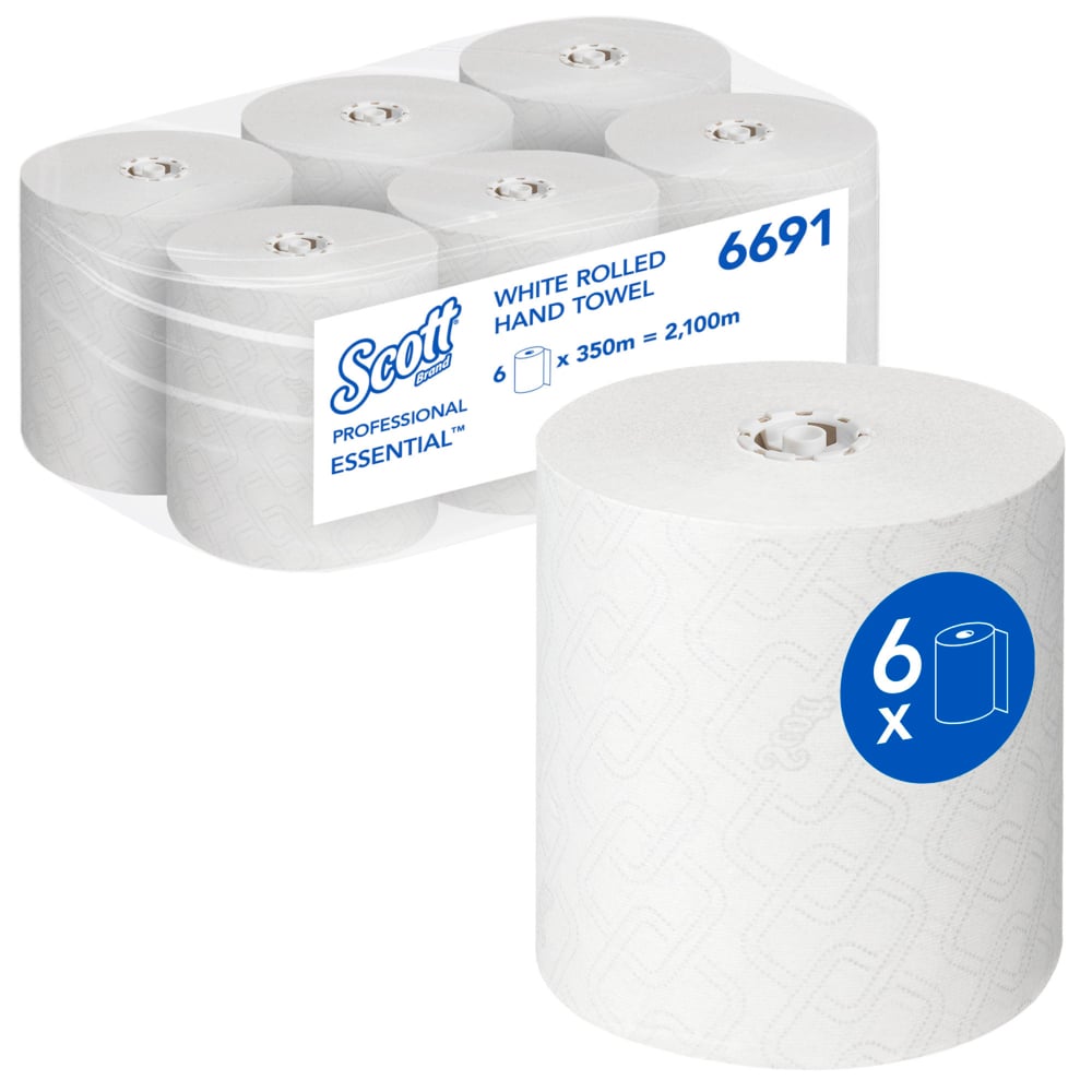 Abgebildet ist ein Karton mit sechs Scott® Essential™ Handtüchern - Rolle / Weiß (6 Rollen) der Kimberly-Clark GmbH, mit einer Rolle auf der Vorderseite und einer Verpackung mit Marken- und Produktangaben für die hygienische Handreinigung.