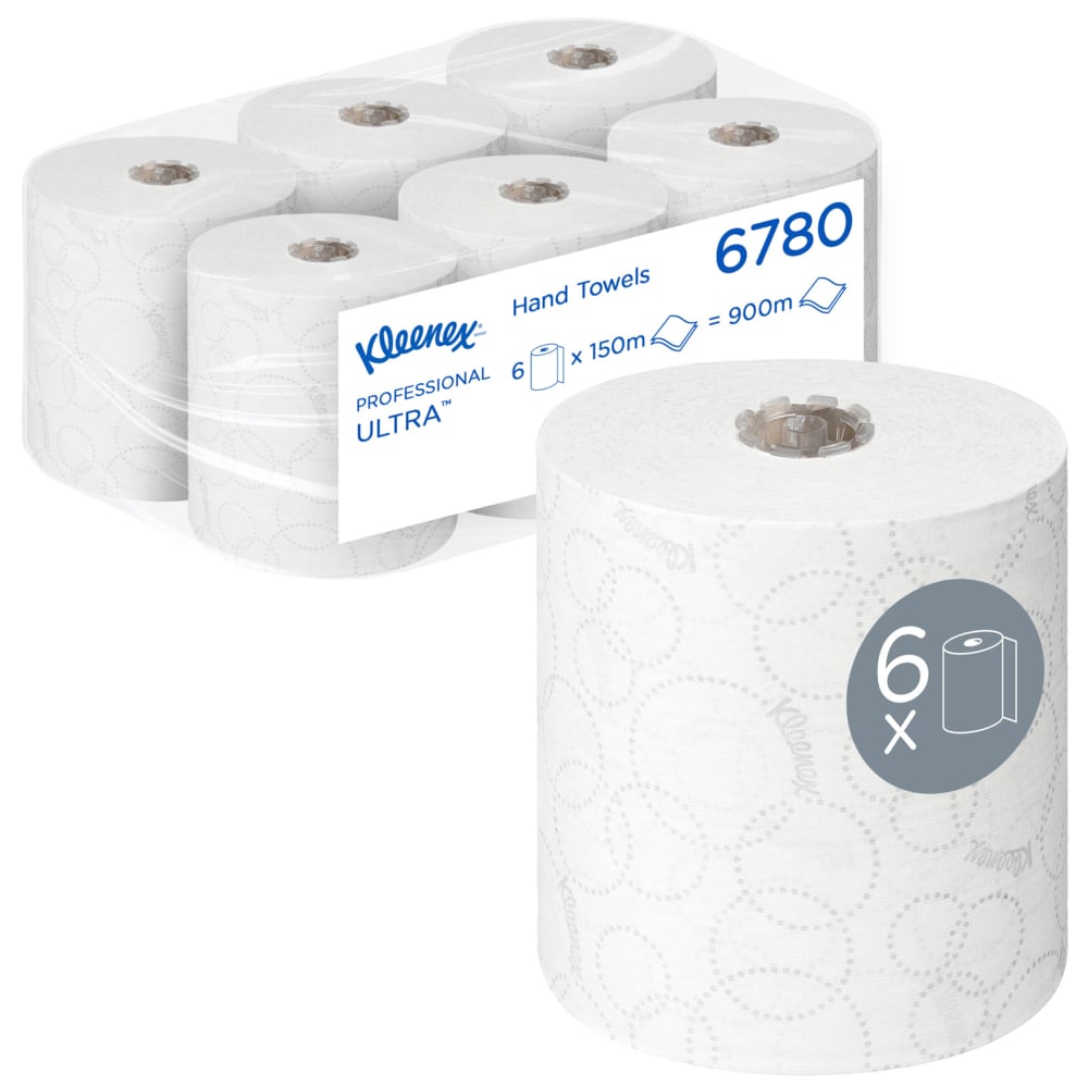 Kimberly-Clark GmbH Kleenex® ULTRA™ Asciugamani - 6 rotoli da 150 m, confezionati singolarmente in modo igienico - in totale 900 m di asciugamani di carta bianchi in scatola.