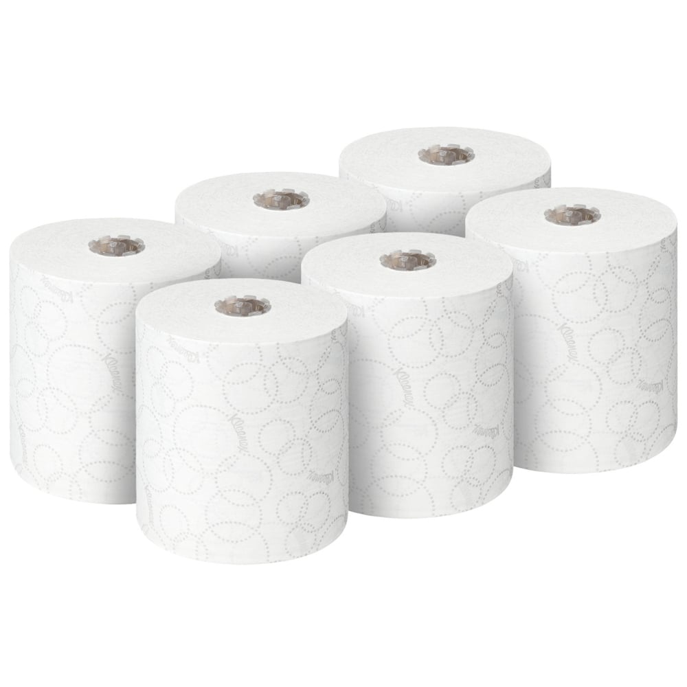 Sei rotoli di asciugamani Kleenex® ULTRA™, ciascuno di 150m, di Kimberly-Clark GmbH sono raffigurati su uno sfondo bianco monocromatico - ideali per l'asciugatura igienica delle mani. Ogni confezione contiene 6 rotoli bianchi.