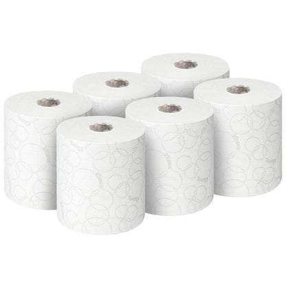 Sei rotoli di asciugamani Kleenex® ULTRA™, ciascuno di 150m, di Kimberly-Clark GmbH sono raffigurati su uno sfondo bianco monocromatico - ideali per l'asciugatura igienica delle mani. Ogni confezione contiene 6 rotoli bianchi.