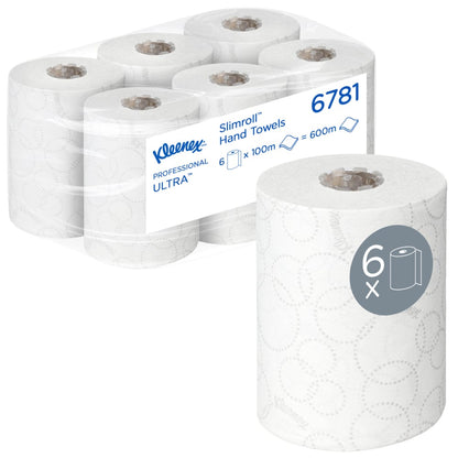 Una scatola con 6 rotoli di asciugamani Kleenex® Ultra™ Slimroll™ della Kimberly-Clark GmbH, ogni rotolo bianco di 100m, ideale per sistemi di dispenser stretti. Un rotolo è raffigurato separatamente con un "6x" e un simbolo di rotolo sull'etichetta.