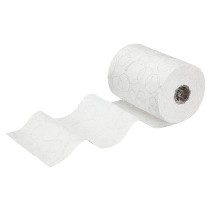 Un rotolo bianco di asciugamani Kleenex® Ultra™ Slimroll™ della Kimberly-Clark GmbH, parzialmente srotolato con vortici in rilievo, ideale per sistemi di dispenser stretti o da usare accanto ad altri prodotti Ultra™ Slimroll™. Confezione: 6 rotoli per scatola.